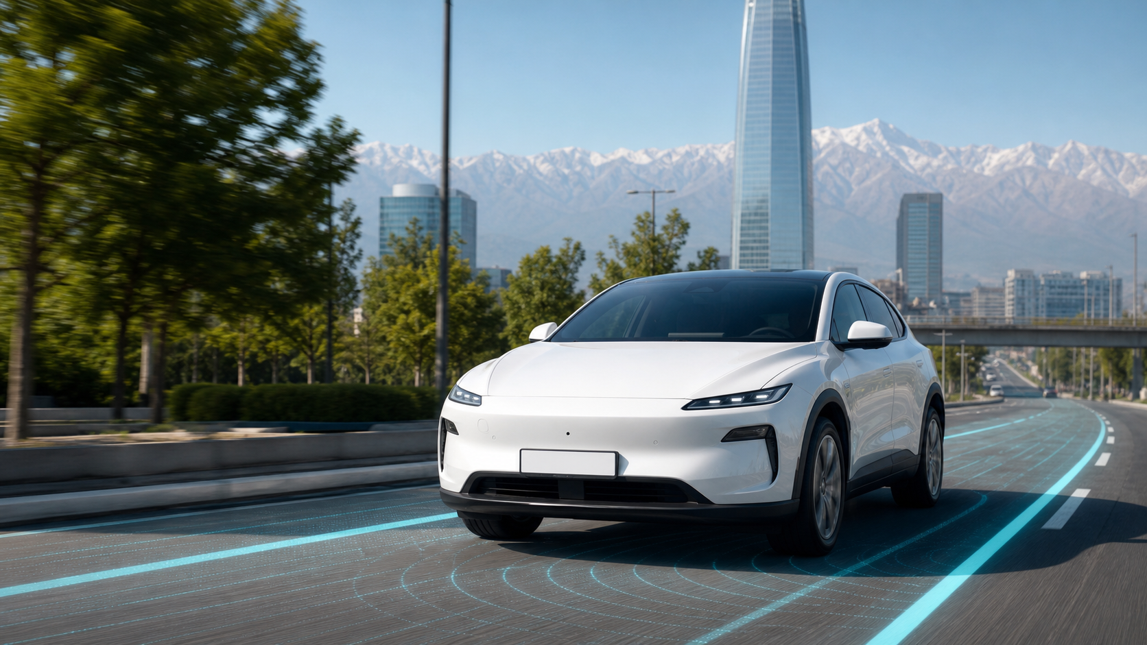 Auto eléctrico en Santiago con visualización de asistencia avanzada a la conducción