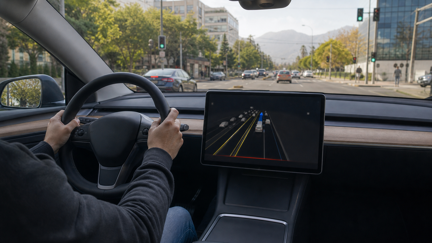 Interior de auto eléctrico con visualización de asistencia y conductor supervisando